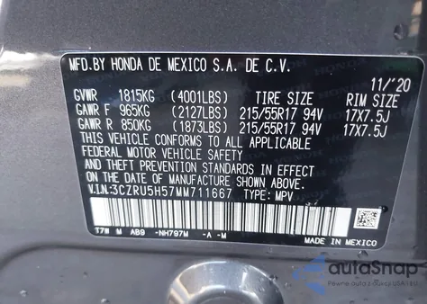 2021 Honda Hr-V 2Wd Ex z USA, uszkodzony, nr VIN 3CZRU5H57MM711667